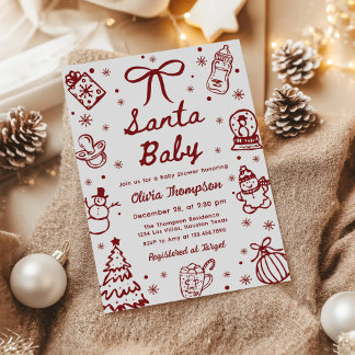 Invitation Bébé Shower Noël Santa Dessiné à la Main Rouge
