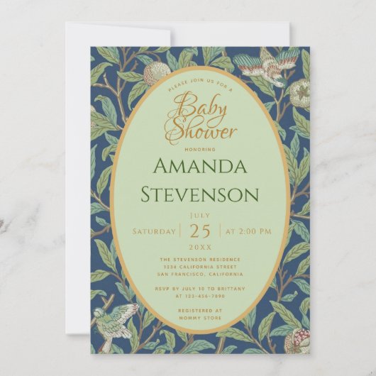 Invitation Bébé Shower Oiseaux Grenade Feuilles Vertes Morris (Devant)