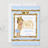 Invitation Bébé Shower Prince Bleu Clair Or Blanc Blonde (Devant)
