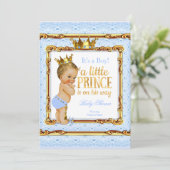 Invitation Bébé Shower Prince Bleu Clair Or Blanc Blonde (Debout devant)