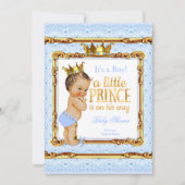 Invitation Bébé Shower Prince Bleu Clair Or Blanc Brunette (Devant)