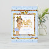 Invitation Bébé Shower Prince Bleu Clair Or Blanc Brunette (Debout devant)