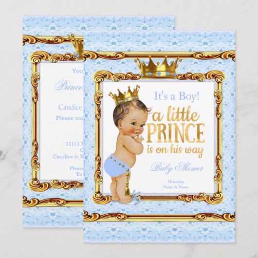 Invitation Bébé Shower Prince Bleu Clair Or Blanc Brunette (Devant / Derrière)