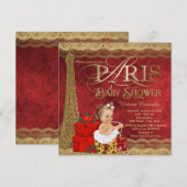 Invitation Bébé Shower Rouge Or Paris (Devant / Derrière)