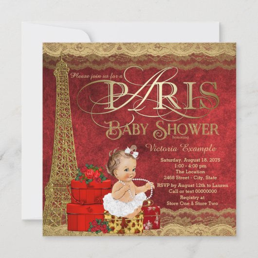 Invitation Bébé Shower Rouge Or Paris (Devant)