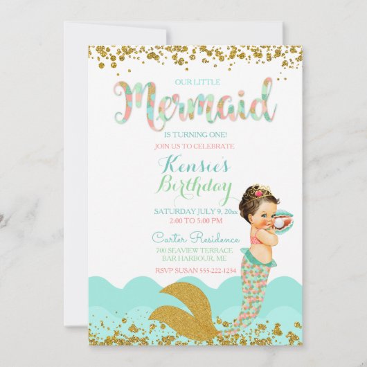 Invitation Bébé sirène fille pêche corail menthe or (Devant)