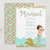 Invitation Bébé sirène fille pêche corail menthe or (Devant / Derrière)