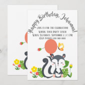 Invitation Bébé Skunk, Papillon & Fleurs Anniversaire (Devant / Derrière)