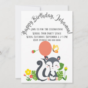 Invitation Bébé Skunk, Papillon & Fleurs Anniversaire