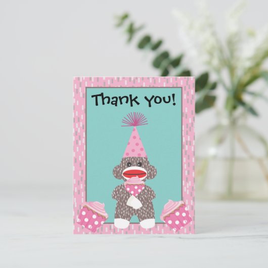 Invitation Bébé Sock Monkey Cupcake Merci note (Debout devant)