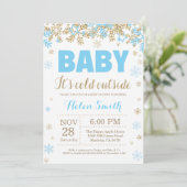 Invitation Bébé son Baby shower Cold Outside Blue Gold Boy (Debout devant)