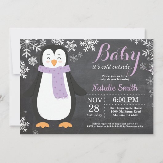 Invitation Bébé son Baby shower de fille de pingouin froid (Devant)