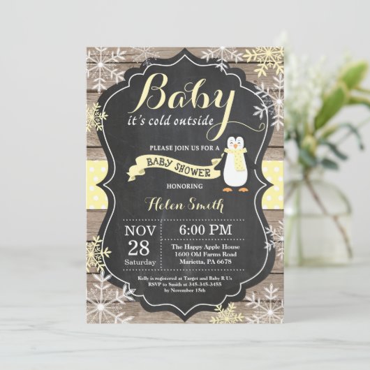 Invitation Bébé son Baby shower de manchot extérieur froid (Debout devant)
