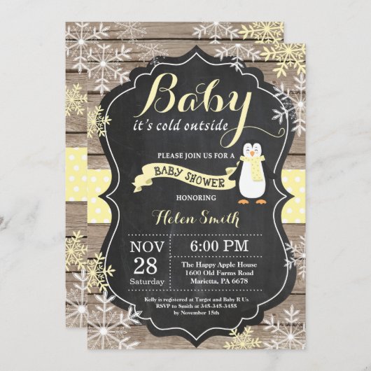 Invitation Bébé son Baby shower de manchot extérieur froid (Devant / Derrière)
