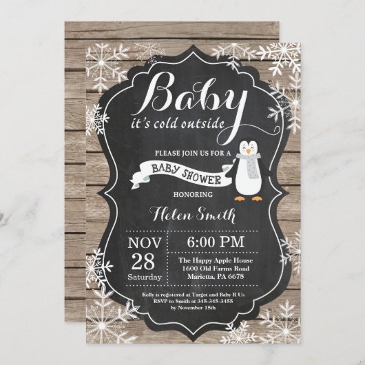 Invitation Bébé son Baby shower de pingouin froid à l'extérie (Devant / Derrière)