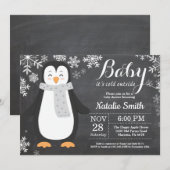 Invitation Bébé son baby shower extérieur froid de pingouin (Devant / Derrière)