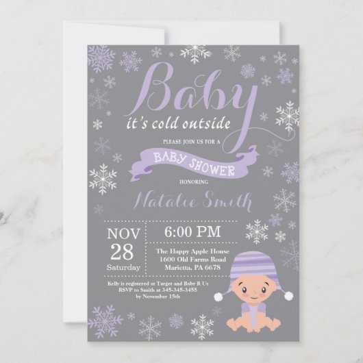 Invitation Bébé son baby shower extérieur froid de pourpre (Devant)
