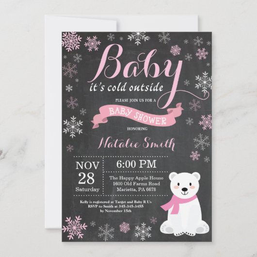 Invitation Bébé son baby shower froid de fille d'ours blanc (Devant)