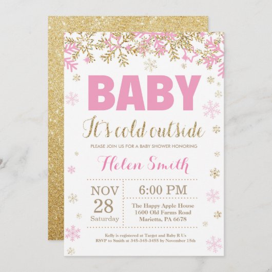 Invitation Bébé son froid à l'extérieur Baby shower fille or  (Devant / Derrière)