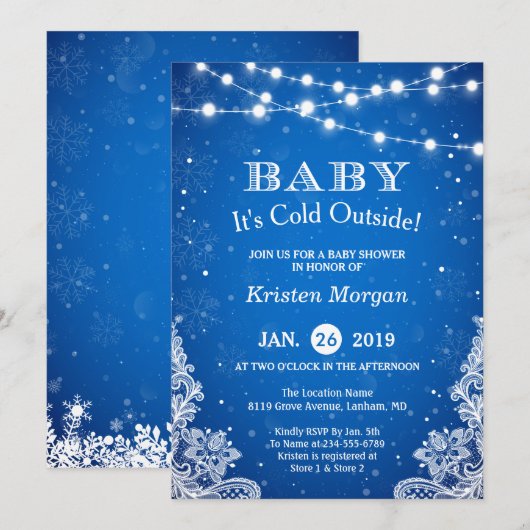 Invitation Bébé son froid dehors Baby shower d'hiver bleu nei (Devant / Derrière)