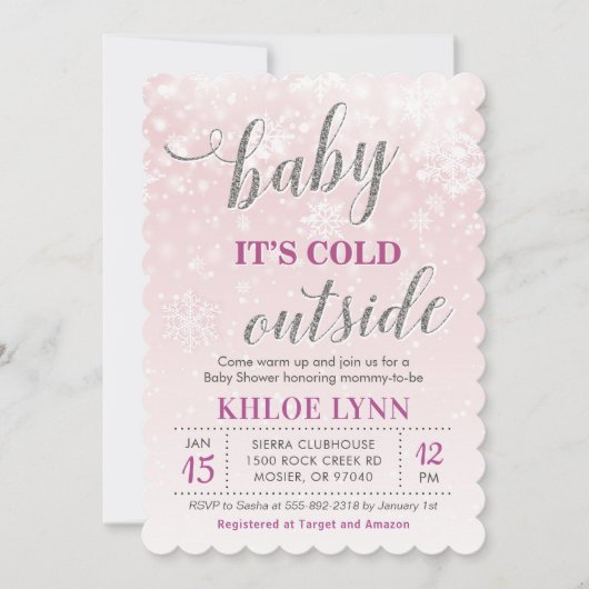 Invitation Bébé son froid dehors Baby shower d'hiver rose fil (Devant)