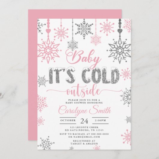 Invitation Bébé son froid dehors Baby shower fille rose (Devant / Derrière)
