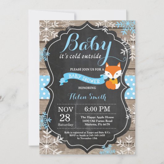 Invitation Bébé son froid dehors Blue Fox Baby shower garçon (Devant)