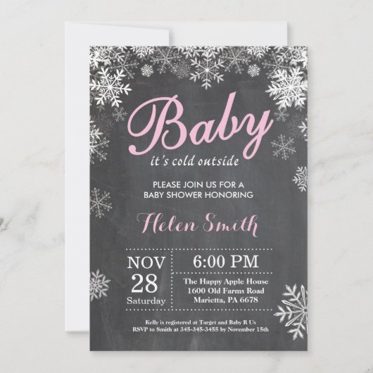 Invitation Bébé son froid dehors Hiver Baby shower fille rose (Devant)