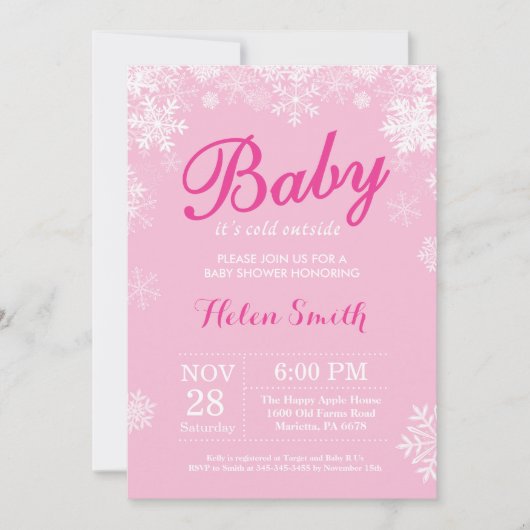 Invitation Bébé son froid dehors Hiver Baby shower fille rose (Devant)