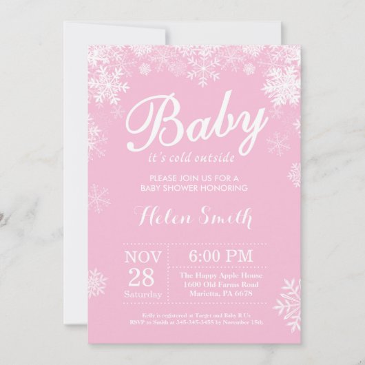 Invitation Bébé son froid dehors Hiver Baby shower fille rose (Devant)