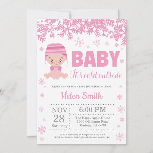 Invitation Bébé son froid dehors Hiver Baby shower fille rose (Devant)