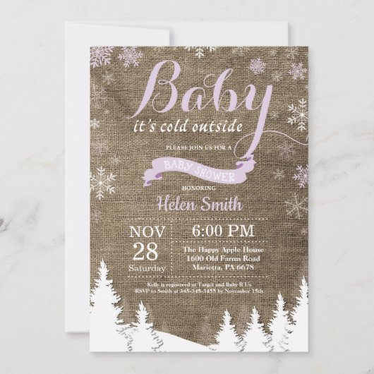 Invitation Bébé son froid dehors Hiver Baby shower pourpre (Devant)