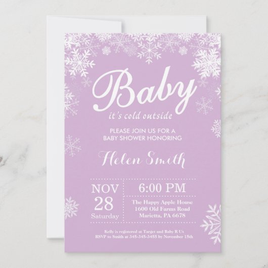 Invitation Bébé son froid dehors Hiver Baby shower pourpre (Devant)