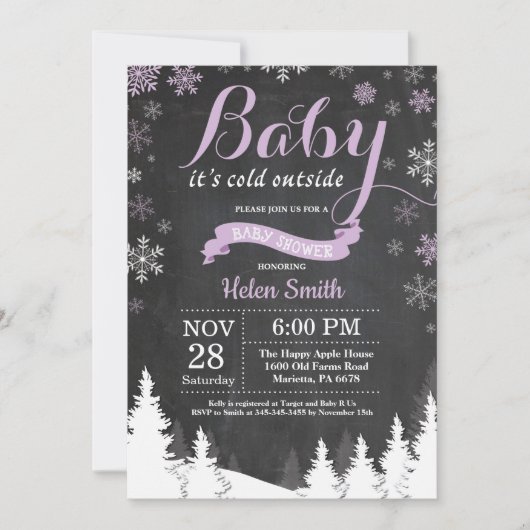 Invitation Bébé son froid dehors Hiver Baby shower pourpre (Devant)