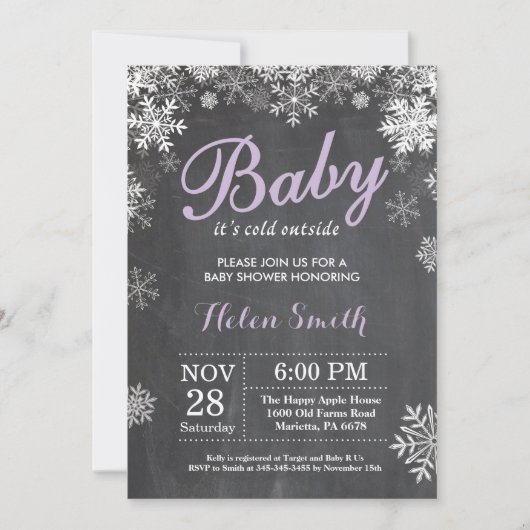 Invitation Bébé son froid dehors Hiver Baby shower pourpre (Devant)