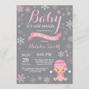 Invitation Bébé son froid dehors hiver fille Baby shower rose