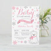 Invitation Bébé son froid dehors hiver fille Baby shower rose (Debout devant)