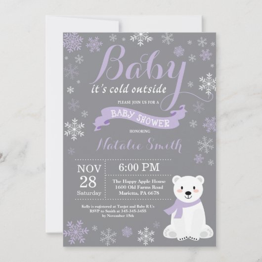Invitation Bébé son froid dehors hiver fille Baby shower rose (Devant)