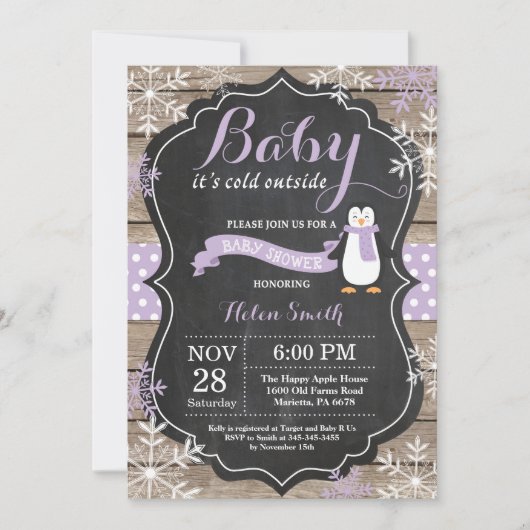 Invitation Bébé son froid extérieur Penguin Baby shower fille (Devant)