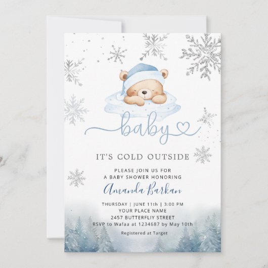 Invitation Bébé Son Froid Hors Bleu Ours Baby shower Garçon (Devant)
