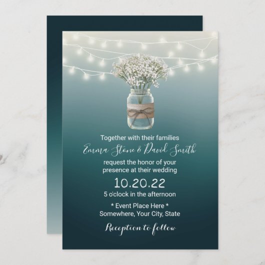 Invitation Bébé souffle Floral Jar Élégant Mariage Turquoise (Devant / Derrière)