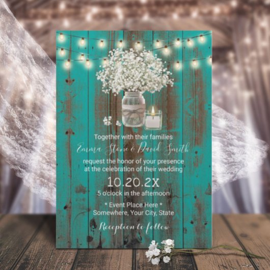 Invitation Bébé souffle floral jarre rustique Turquoise Maria