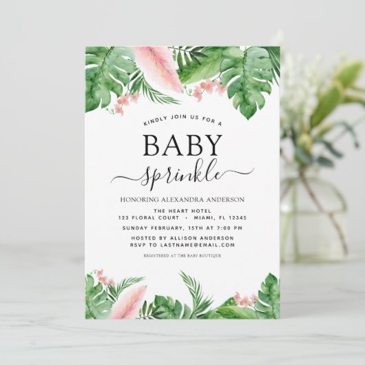 Invitation Bébé Sprinkle Douche Tropical Palm Floral (Debout devant)