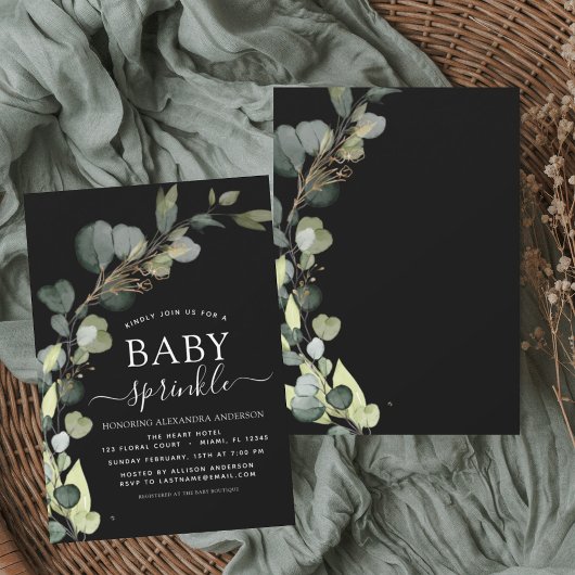 Invitation Bébé Sprinkle Douche Verdure Eucalyptus Noir