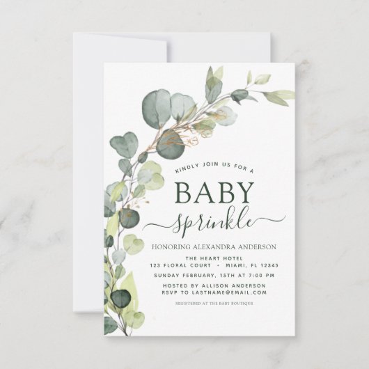 Invitation Bébé Sprinkle Douche Verdure Eucalyptus Succulent (Devant)