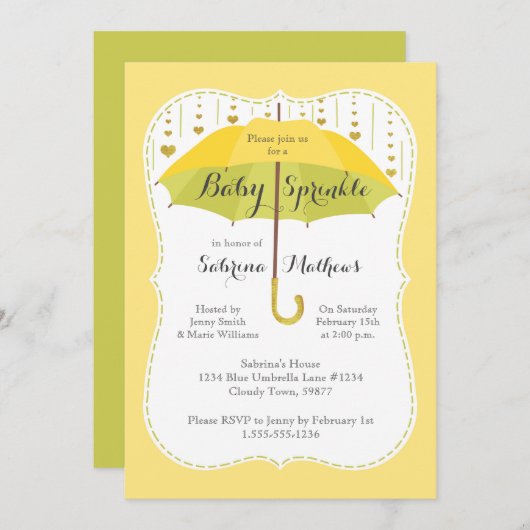Invitation Bébé Sprinkle Neutre Douche Jaune Vert Parapluie (Devant / Derrière)