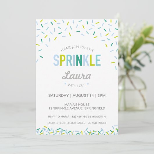 Invitation Bébé Sprinkle, sauterelles bleues/verte (Debout devant)