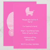 Invitation Bébé Stroller. Rose clair et rose vif. (Devant / Derrière)