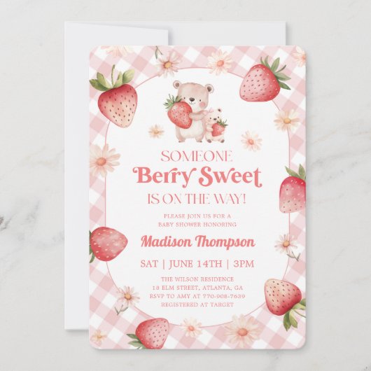 Invitation Bébé Sucré Fête de Naissance Gingham Bébé Fraise (Devant)