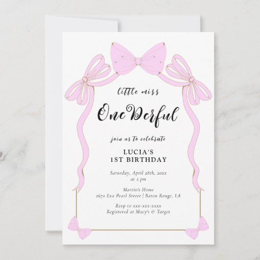 Invitation Bébé superbe Coquette rose Bow Girl 1er anniversai (Devant)